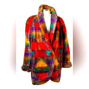Vintage 80s Regal Plush Colorful Southwest Aztec Faux Fur Oversized Coat, Large